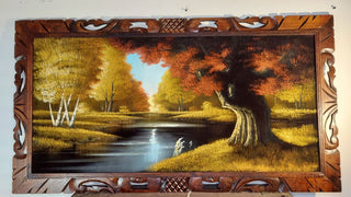 1960s Beautiful River Grove in Autumn Landscape Hand Carved Wood Frame -  Oil On Velvet - Chuy Moran workshop, Bob Ross style (AS-IS)