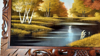 1960s Beautiful River Grove in Autumn Landscape Hand Carved Wood Frame -  Oil On Velvet - Chuy Moran workshop, Bob Ross style (AS-IS)