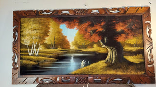 1960s Beautiful River Grove in Autumn Landscape Hand Carved Wood Frame -  Oil On Velvet - Chuy Moran workshop, Bob Ross style (AS-IS)