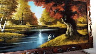 1960s Beautiful River Grove in Autumn Landscape Hand Carved Wood Frame -  Oil On Velvet - Chuy Moran workshop, Bob Ross style (AS-IS)
