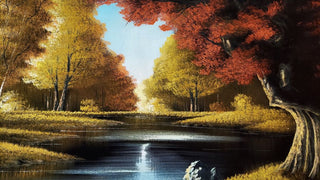 1960s Beautiful River Grove in Autumn Landscape Hand Carved Wood Frame -  Oil On Velvet - Chuy Moran workshop, Bob Ross style (AS-IS)