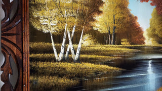1960s Beautiful River Grove in Autumn Landscape Hand Carved Wood Frame -  Oil On Velvet - Chuy Moran workshop, Bob Ross style (AS-IS)