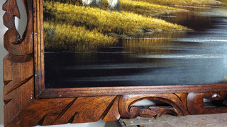 1960s Beautiful River Grove in Autumn Landscape Hand Carved Wood Frame -  Oil On Velvet - Chuy Moran workshop, Bob Ross style (AS-IS)