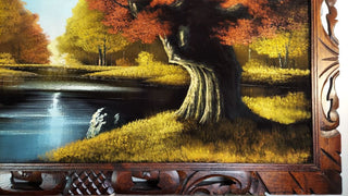 1960s Beautiful River Grove in Autumn Landscape Hand Carved Wood Frame -  Oil On Velvet - Chuy Moran workshop, Bob Ross style (AS-IS)