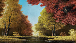 1960s Beautiful River Grove in Autumn Landscape Hand Carved Wood Frame -  Oil On Velvet - Chuy Moran workshop, Bob Ross style (AS-IS)