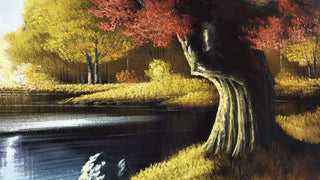 1960s Beautiful River Grove in Autumn Landscape Hand Carved Wood Frame -  Oil On Velvet - Chuy Moran workshop, Bob Ross style (AS-IS)