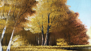 1960s Beautiful River Grove in Autumn Landscape Hand Carved Wood Frame -  Oil On Velvet - Chuy Moran workshop, Bob Ross style (AS-IS)