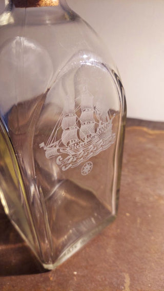 1958  "It's Been A Good Day's Sail" Liquor Decanter with Etched Ship Scooner on glass for Seagrams by Armstrong Glass Co.