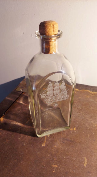 1958  "It's Been A Good Day's Sail" Liquor Decanter with Etched Ship Scooner on glass for Seagrams by Armstrong Glass Co.