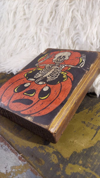 Rustic "Boo" Jack O'Skeleton - Artisan Wood Block Print. Wall Mount or Tabletop.