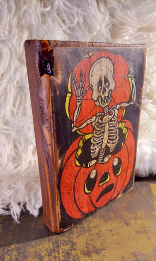 Rustic "Boo" Jack O'Skeleton - Artisan Wood Block Print. Wall Mount or Tabletop.