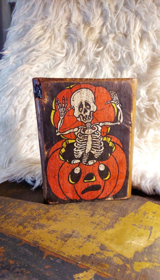Rustic "Boo" Jack O'Skeleton - Artisan Wood Block Print. Wall Mount or Tabletop.