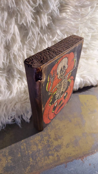 Rustic "Boo" Jack O'Skeleton - Artisan Wood Block Print. Wall Mount or Tabletop.