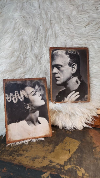 a) Love Story - 1935 Mr and Ms Frankenstein Profile Portraits Print on Wood - Hang me or Frame me