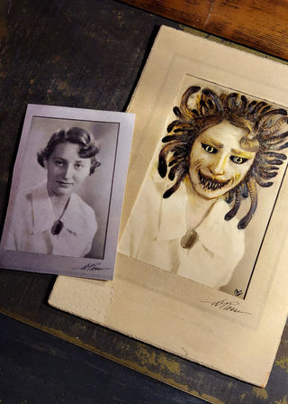 Artist Original overpaint - Medusa's Ghoul Hair Day - Vintage Photograph Drawn over