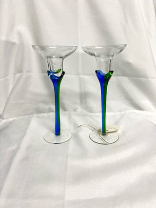 Cobalt and Green Glass Candlestick Holders (Set of 2)