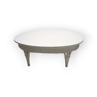 Oval White Wood and Wicker Coffee Table 42Wx26Dx18H