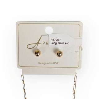 Long Gold and Gray Necklace with Stud Earrings Set