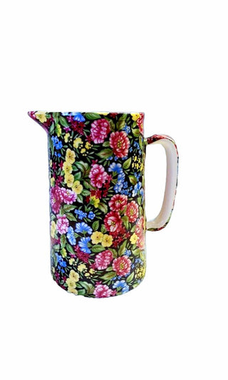Floral Meadow Water Pitcher, Black Chintz by Crown B Burslem Staffordshire England, vintage pottery