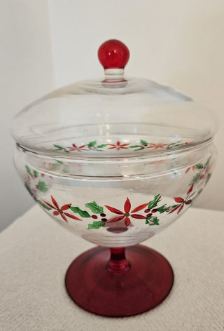 Covered Candy Dish with Poinsettia and Holly