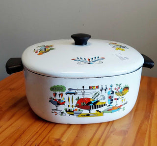 MCM atomic - FIESTA Gourmet wear Dutch Oven by The Homer Laughlin - Folk Art Enamelware Lidded Pot AS-IS