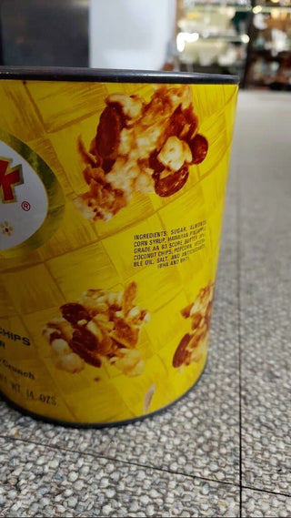 1960s - Poppycock Aloha tin- yellow with with rooster graphic"refreshing Pineapple Crunch" popcorn tin