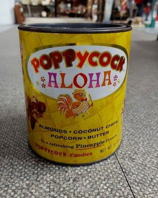 1960s - Poppycock Aloha tin- yellow with with rooster graphic"refreshing Pineapple Crunch" popcorn tin