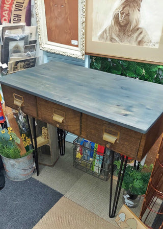 Custom 1940s Metal Drawer Cabinet Table Console Desk, with pin legs, Brass Pulls, wood top