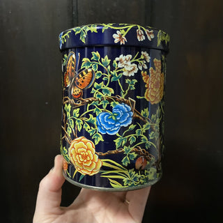Butterfly & Floral Lidded Tin Container Black 4.75x3.5