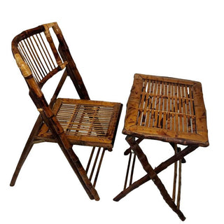 (2pc) Midcentury Style Scorched Bamboo Rattan Folding Table and Chair furniture set