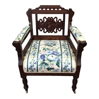 Eastlake Solid Wood Armchair with Blue and Green Floral Pattern