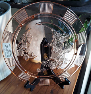 1930s Sharon Cabbage Rose Footed Cake Plate in Pink Depression Glass by Federal GlassFIRM