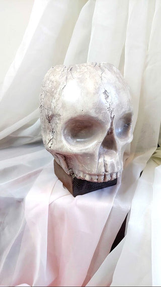Artist Original - skull pillar candle holder, life size plaster sculpture, no mandible. Very heavy. Glow in dark UV blacklight reactive