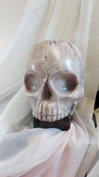 Artist Original - skull pillar candle holder, life size plaster sculpture, no mandible. Very heavy. Glow in dark UV blacklight reactive