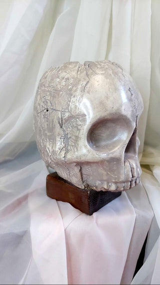 Artist Original - skull pillar candle holder, life size plaster sculpture, no mandible. Very heavy. Glow in dark UV blacklight reactive