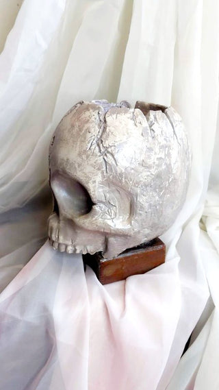 Artist Original - skull pillar candle holder, life size plaster sculpture, no mandible. Very heavy. Glow in dark UV blacklight reactive