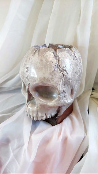 Artist Original - skull pillar candle holder, life size plaster sculpture, no mandible. Very heavy. Glow in dark UV blacklight reactive