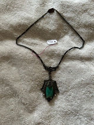 Green Glass Brass Leaf Link 14" Chain