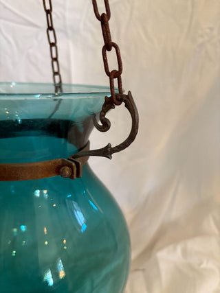 Vintage bluegreen glass hanging candleholder