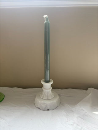 Westmoreland Grape Panel Milk Glass Candlestick with blue candle