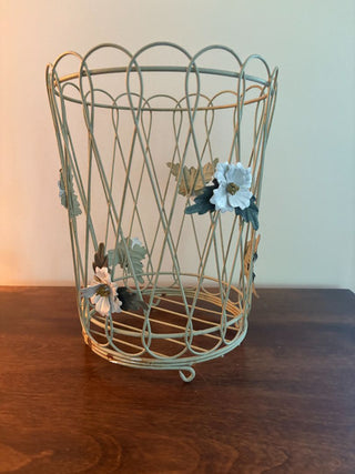 vintage wastebasket light green wire with flowers