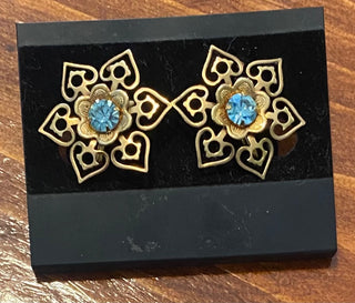 Gold Star Flower w\Blue Gem Earrings-Screw Back-ty
