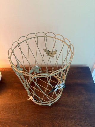 vintage wastebasket light green wire with flowers