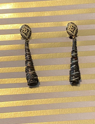 Vtg Damascene Dangle Corkscrew Earrings-Screw Back-ty