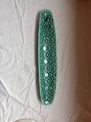 oblong teal embossed ceramic tray