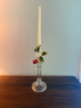 vintage Candlestick with yellow candle and wire strawberry decorative ringring