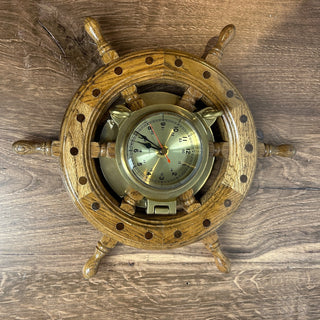 Nautical Ship Steering Wheel Clock, Oak and Brass