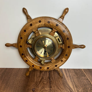 Nautical Ship Steering Wheel Clock, Oak and Brass