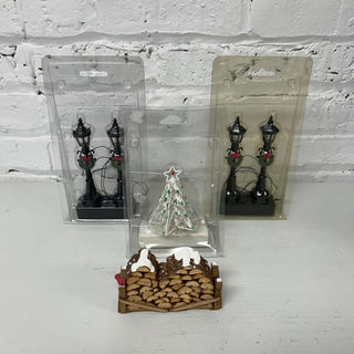 Dept. 56  Accessories, 4 Street Lamps, Light up Christmas Tree & Wood Pile
