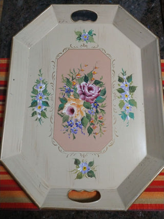 Vintage Large Tole Ware Tray Tan Metal Floral Flowers Hand Painted 20"x15"